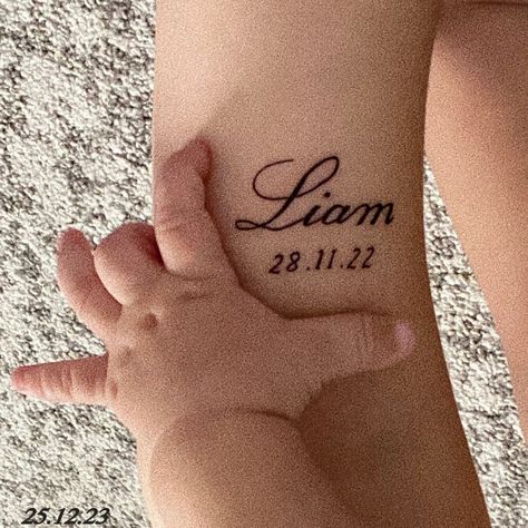 Liam Tattoo Name Cursive, Baby Girl Name Tattoo Ideas, Tattoo Ideas Female Kids Names, Liam Name Tattoo, Levi Name Tattoo, Tattoos Names Ideas, Last Name Tattoo For Women, Kids Names Tattoos For Women, Name Tattoos Designs