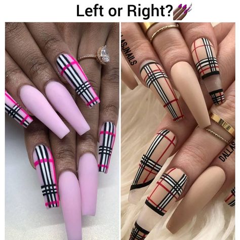 LADIES WORLD OF CLASS ♡ on Instagram: “Ladies which Burberry Nails you rocking Left or Right? 💅🏿💁🏾‍♀️ . . . . . . . . . . . . . __ __ #localnailtech #valentinobeautypure…” Pink Burberry Nails, Burberry Nails, Burberry Print, You Rock, Nail Tech, Pink Grey, Burberry, Manicure, Pure Products