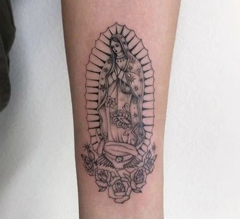 Mary Of Guadalupe Tattoo, Como La Flor Tattoo, Virgen De Guadalupe Tattoo Ideas Forearm, Virgencita Tattoo Women, Saint Tattoo Female, Feminine Tattoos Hand, Virgin Mary Back Tattoo Women, Guanajuato Tattoo, Lady Guadalupe Tattoo