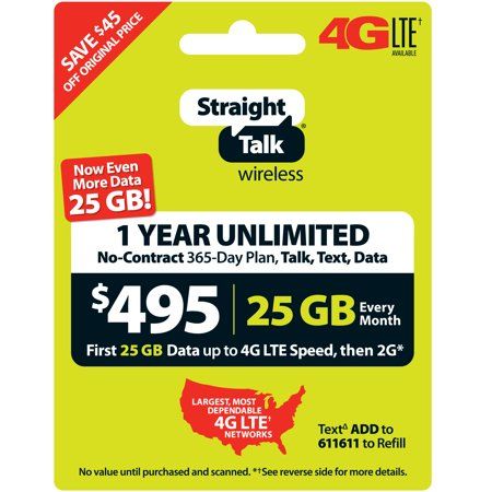 Straight Talk $495 Unlimited 1 Year/365 Day Plan (with up to 25GB of data at high speeds, then 2G*) (Email Delivery) Straight Talk Phones, Straight Talk Wireless, Phone Codes, 90 Day Plan, Cell Phone Service, Game Streaming, Free Cards, Phone Cards, Phone Service