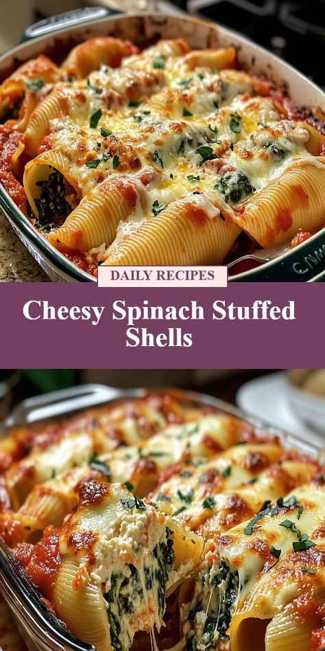 Cheesy Spinach Stuffed Shells are a delicious and comforting meal perfect for family dinners or potlucks. This recipe features jumbo pasta shells filled with a creamy mixture of ricotta, spinach, and mozzarella, baked to perfection with a blanket of marinara sauce and more cheese on top. With every bite, you'll savor the gooey cheese, savory spinach, and tender pasta shells. It's a great way to sneak in some greens for picky eaters! Baked Stuffed Shells, Spinach And Mozzarella, Ricotta Spinach, Spinach Stuffed Shells, Stuffed Shells Ricotta, Cheesy Spinach, Jumbo Pasta Shells, Pasta Shells, Gooey Cheese