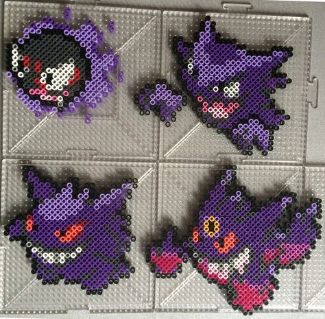 Perlers of Ghastly and his evolutions, including Mega Gengar Perlers made using menusprites from Gen 6 as a reference. It was really fun to do finally do my favorite pokemon family Haunter <3 Po... Ghastly Perler Bead Patterns, Ghastly Perler, Pokemon Beads Pattern, Pokémon Perler Beads, Perler Beads Pokemon, Pokemon Perler Bead Patterns, Mega Gengar, Hama Beads Pokemon, Pixel Pokemon