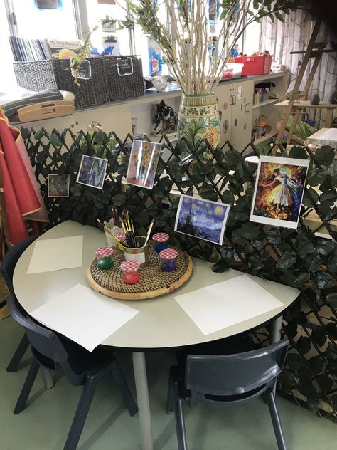 Art space Playbased Learning Classroom, Art Area Preschool, Walker Learning, Play Based Classroom, Year 1 Classroom, Asd Classroom, Curiosity Approach, Classroom Goals, Preschool Decor