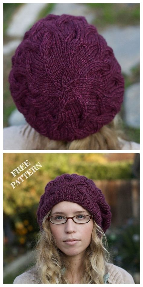 Knit Star Crossed Slouchy Beret Hat Free Knitting Pattern Knit Beret Pattern, Crochet Slouchy Hat Free Pattern, Pola Kupluk, Knitted Hat Patterns Free Women, Knit Slouchy Hat Pattern, Knit Star, Hat Free Knitting Pattern, Slouchy Beret, Pola Topi