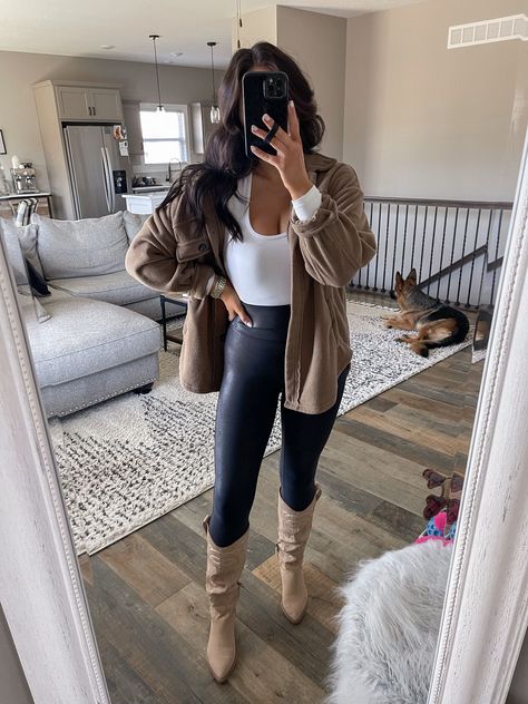 White Long Sleeve Bodysuit Outfit, Fleece Shacket Outfit, Flannel And Leggings Outfit, Oversized Shacket Outfit, Patent Leather Leggings Outfit, Leggings And Flannel Outfit, Fall Bodysuit Outfit, Green Flannel Outfit, Shacket Outfit Women