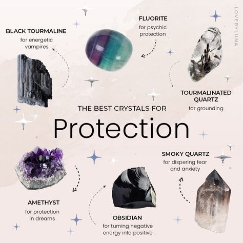 7,508 Likes, 67 Comments - Love By Luna® (@lovebyluna) on Instagram: “𝐏 𝐑 𝐎 𝐓 𝐄 𝐂 𝐓 𝐈 𝐎 𝐍 𝐒 𝐓 𝐎 𝐍 𝐄 𝐒 ⚔️ say goodbye to negativity and hello to boundaries! for the best…” Crystals For Protection, Crystal Healing Chart, Soya Mumu, Best Crystals, Crystal Vibes, Wiccan Spell Book, Crystal Aesthetic, Witchcraft Spell Books, Witch Spell Book