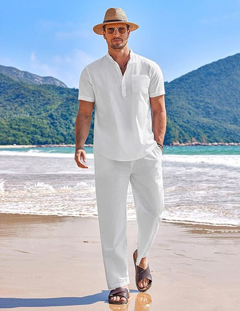 Men's 2 piece cotton linen set is a combo of henley shirt and elastic waist pants, featuring band collar, 5 buttons, chest pocket,cuban style,long sleeve, elastic waist with drawstring, two side pockets. It's not only a combo but it is  #amazonfashion #amazonmensfashion #amazoncomision   Men's 2 piece vacation outfits are perfect for holiday, vacation, cruise, luau, tropical, hawaiian, island, lounge, beach party, beach wedding, hippie, vacation outfits, fashion streetwear and casual daily wear. Band Collar Shirt, Banded Collar Shirts, Summer Yoga, Womens Dress Suits, Pants Details, Suits And Jackets, Blouse Pants, Beach Casual, Linen Set