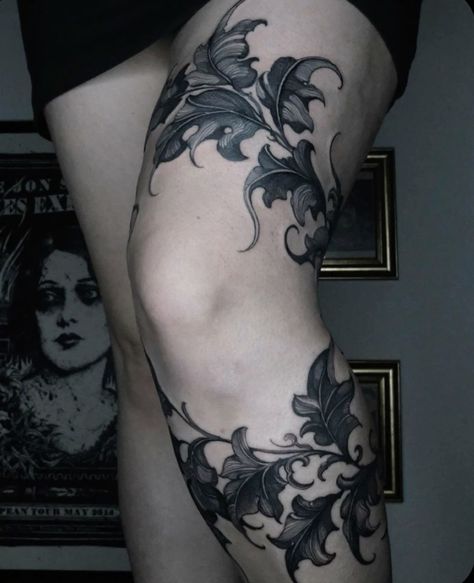 Victorian Goth Tattoo Ideas, Black Ivy Tattoo, Goth Botanical Tattoo, Soft Goth Tattoo, Floral Tattoo Design Leg, Thigh Tattoos Goth, Thigh Scar Cover Up Tattoo, Romantic Goth Tattoo, Gothic Leg Tattoos