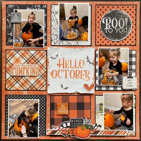 Fall Scrapbooking Ideas, Pocket Pages Scrapbooking Layout, Pumpkin Carving Scrapbook Layouts, Scrapbooking Pages Layouts, Halloween Scrapbook Ideas, Halloween Scrapbook Pages, Halloween Scrapbook Layouts, Scrapbooking Ideas Layouts, Fall Scrapbook Layouts