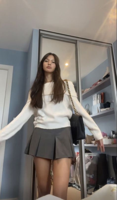 Fancy Fits Aesthetic, Aesthetic 2010s Outfits, Charcoal Skirt Outfit, Preppy White Outfit, Outfit With Gray Skirt, Skirt Fits Winter, Semi Formal Skirt Outfit, Off Shoulder Shirt Outfit, Knit Set Outfit Women