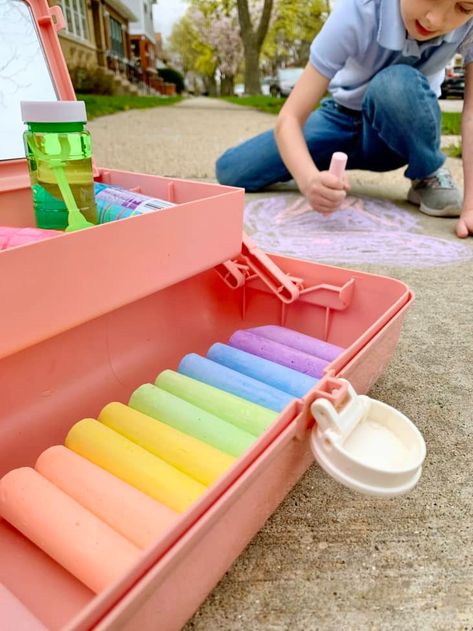 The Caboodle Is the Best Way to Store Chalk and Small Outdoor Toys | Cubby Nerf Darts, School Storage, Bubble Bottle, Outdoor Kit, Colored Chalk, Bubble Wands, Easy Activities, Sidewalk Chalk, Water Balloons