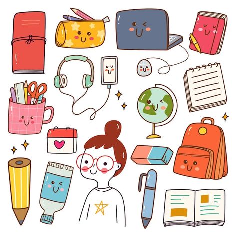 School supplies kawaii doodle set | Premium Vector #Freepik #vector #pencil-cartoon #pencil-doodle #drawing-book #pencil Evolution Cartoon, Doodles Kawaii, Doodle Kawaii, تزيين دفاتر, Kawaii Doodle, School Supplies Kawaii, Computer Mockup, Doodle Girl, Laptop Gadgets