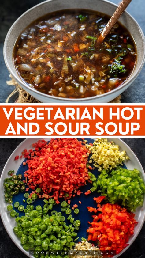 This easy vegetarian hot and sour soup is packed with tons of vegetables, lightly seasoned and makes the perfect light meal of a cold day. Vegetable Packed Soup, Vegetarian Hot And Sour Soup, Hot And Sour Soup Recipe Vegetarian, Vegan Hot And Sour Soup, Hot And Sour Soup Recipe Easy, Hot N Sour Soup, Hot And Sour Soup Recipe, Sweet And Sour Soup, Sour Soup Recipe