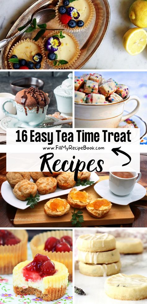 Here we share a few tea time treat recipes and ideas to create that are easy such as a chocolate mug cake, and cheese scones, and filled tartlets with lemon curd and decorated with fruit. More to choose from.. Tea Party Breads, Chocolate Tea Desserts, Tea Time Sweets Treats, Desserts For High Tea, Ideas For Afternoon Tea Food, Tea Time Desserts Easy, Tea Treats Afternoon, High Tea Treats, Tea Time Appetizers