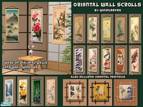 Set of oriental wall scrolls with a new mesh and several recolors. This wall scroll will also work on diagonal walls, diagonal mesh is included.  Found in TSR Category 'Objects' Sims Wall Decor Cc, Furniture Cc, Sims Stories, Sims 4 Cas Mods, Wall Scroll, Japanese Furniture, Sims 4 Mm, Sims 4 Cc Furniture, Sims 4 Collections