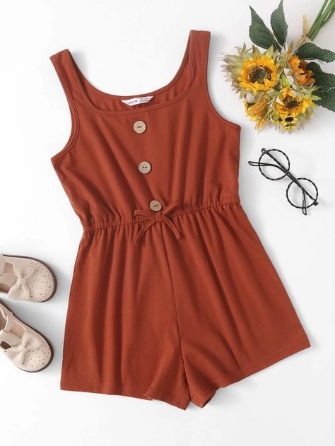 SHEIN Girls Button Front Romper | SHEIN USA Comfy Jumpsuits, Tank Romper, Romper Outfit, Fabric Suppliers, Orange Fabric, Natural Fabrics, Rompers Women, Casual Wardrobe, Burnt Orange