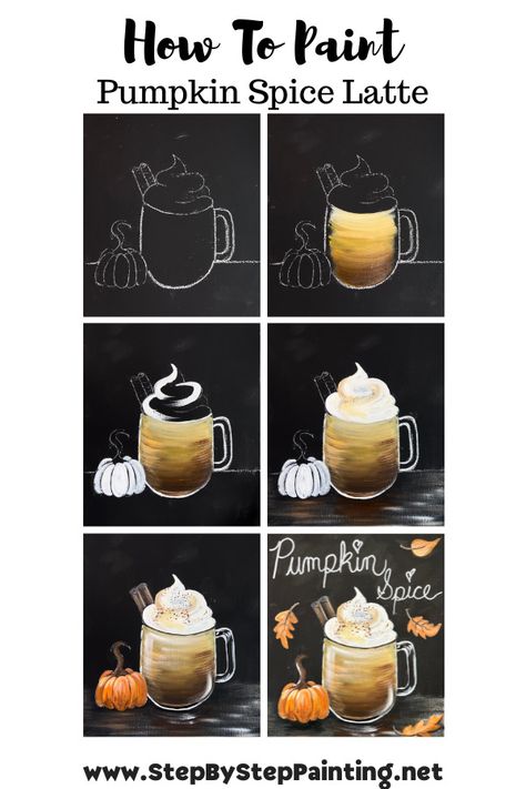 Pumpkin Spice Painting, Pumpkin Spice Latte Painting, Pumpkin Spice Latte Pumpkin Painting, Fall Canvas Painting Ideas Easy Diy Step By Step, Pumpkin Fall Painting, Fall Painting For Beginners, Halloween Painting Tutorial Step By Step, Step By Step Fall Paintings On Canvas, Pumpkin Paint And Sip