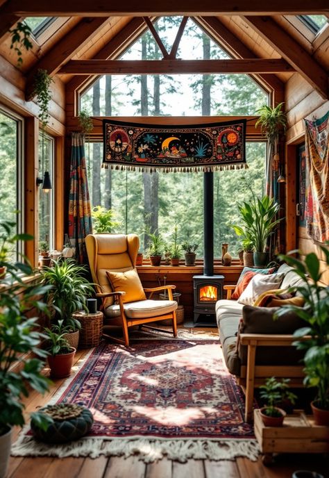 Small Cabin Interior Ideas Cabincore Interior Design, Log Cabin Chic, Witchy Cabin Interior, Small One Room Cabin, Small Cabin Exterior Ideas, Small Log Cabin Homes Interior, Boho Log Cabin, One Room Cabin Interior, Small Cabin Interior Ideas