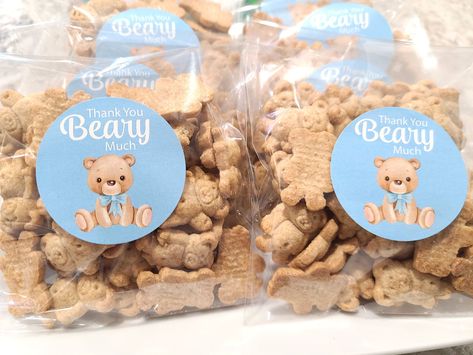 "DIY teddy bear baby shower favors kit with stickers and bags. Thank you beary much stickers in blue teddy bear theme. Great for a boy baby shower. Just peel and stick! Each sticker is a 1.9 inch circle and precut on a 8.5x11\" sheet. Permanent adhesive with a glossy finish. Bags are FDA compliant. Choose top zip closure or bottom peel and seal. Only need stickers? https://www.etsy.com/listing/1194295033/" Teddy Bear Thank You Gifts, Brown And Blue Teddy Bear Baby Shower Theme, Babyshower Teddy Bear Boy, Teddy Bear Baby Shower Gifts, We Can Bearly Wait Boy Baby Shower Ideas, Teddy Beat Baby Shower Decor, Teddy Bear Baby Shower Theme Boy Decoration, Bear Themed Baby Shower Boys, Teddy Bear Shower Favors