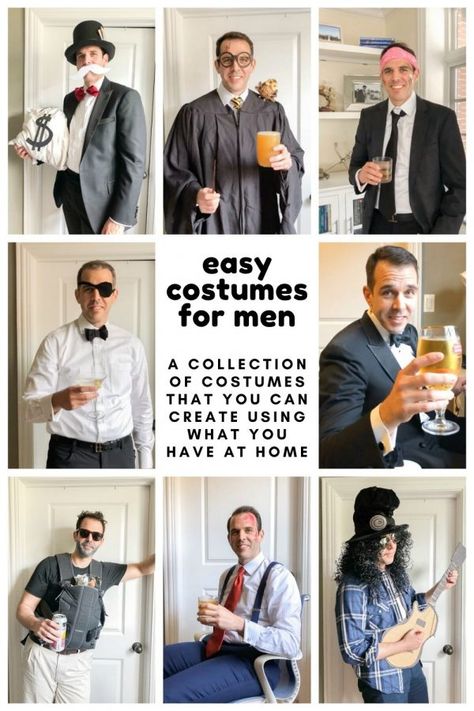 A collection of easy costume ideas for men! Many of these men’s Halloween costumes can be assembled by using things you probably have at home already. During our 3+ months of quarantine, Charles’s company hosted virtual happy hours and we thought it was funny for him to wear a different costume each week – his […] The post Easy Costume Ideas for Men appeared first on thekittchen. Easy Man Costumes, Easy Man Halloween Costumes, Make At Home Halloween Costumes, Easy Guy Costumes, At Home Halloween Costumes, Easy Mens Halloween Costumes, Mandela Effect Examples, Costume Ideas For Men, Suit With Suspenders