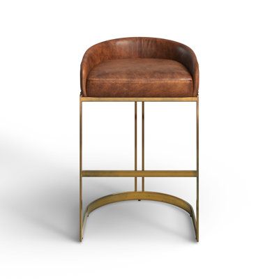 Upgrade your space with this stylish bar chair that exudes a trendy bar vibe. Crafted with a low-back design and upholstered in rich brown leather, it offers both comfort and style. The sturdy copper frame adds a touch of elegance while the footrest provides extra support. Standing at 29-inch height from floor to seat, it is perfect for bars and kitchen counters. The sled leg/base type ensures stability while the natural leather and solid metal construction guarantee durability. Elevate your déc Brown Leather Bar Stools, Home Bar Rooms, Leather Kitchen, Trendy Bar, Leather Counter Stools, Leather Stool, Copper Frame, Antique Brass Metal, Counter Bar