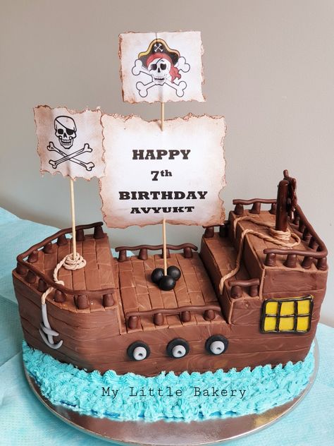 Mermaid Pirate Birthday Cake, Simple Pirate Cake, Pirate Theme Cake, Pirate Ship Cake, Pirate Birthday Cake, Pirate Ship Cakes, Ship Cake, Pull Apart Cupcake Cake, Happy 7th Birthday