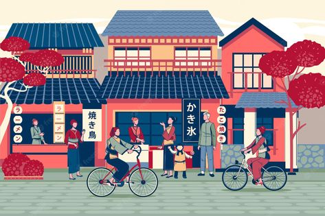 Japanese House Drawing, Street With People, Wallpaper Maker, Japan Store, Cartoon House, Japan Street, Desktop Wallpaper Art, Japanese Cartoon, House Drawing