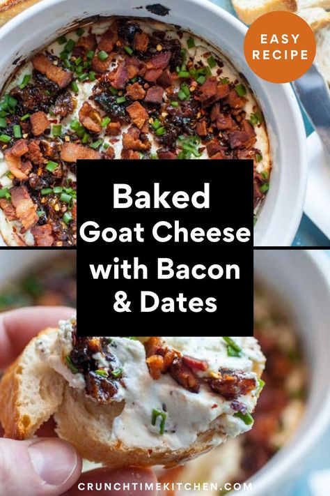 The perfect party appetizer! This baked goat cheese dip is spreadable and the perfect combo of salty and sweet thanks to chunks of dates and bacon! crunchtimekitchen.com #goatcheese #dip #baked Date Goat Cheese Bacon, Dates Goat Cheese Bacon, Whipped Goat Cheese Bacon Date, Bacon Dates Goat Cheese, Fig Bacon Goat Cheese, Whipped Goat Cheese With Bacon And Dates, Bacon Date Goat Cheese Dip, Creamy Goat Cheese Bacon And Date Dip, Date And Bacon Appetizer