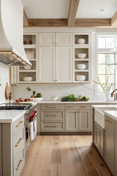 Neutral Luxury Kitchen, Muted Kitchen Cabinets, Classic Kitchen Design White, Kitchen Design 2025, Modern Classic Kitchen Design Luxury, Natural Wood And White Kitchen, Traditional Kitchen Backsplash Ideas, Neutral Color Kitchen, White And Natural Wood Kitchen