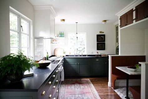 15 Cabinet Colors That Go With Black Granite Countertops | Hunker White Upper Cabinets Dark Lower Black Countertops, Craftsman Interior Paint Colors, Grey Cupboards, Cellar Ideas, Green Kitchens, Alpine House, Lower Cabinets, Craftsman Interior, Black Granite Countertops