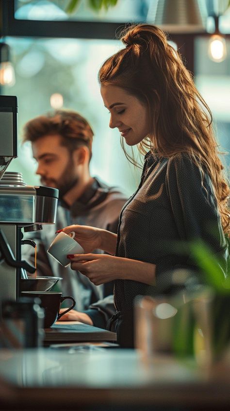 "Barista Preparing #Espresso: A focused female barista in a cozy #CoffeeShop prepares a drink while a #Customer waits. #LatteArt #CafeLife #FemaleBarista #BaristaSkills #Preparation #AIgeneratedArt #AIphoto #StockPhotography ⬇️ Download and 📝 Prompt 👉 https://stockcake.com/i/barista-preparing-coffee_902471_1029101" Female Barista Aesthetic, Coffee Shoot Photography, Customer Service Aesthetic, Barista Aesthetic Female, Coffee Shop Branding Photoshoot, Barista Pictures, Barista Photoshoot, Coffee Shop Photoshoot Instagram, Barista Pose