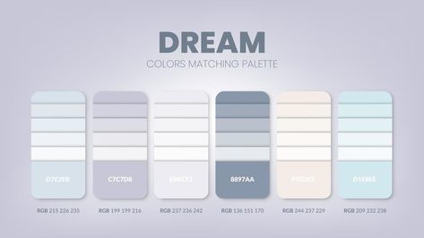 Color palette in a Dream colour theme collections. Color scheme or colors chart template. Color combination set of RGB, HSL and HEX codes. Color swatch for artist, fashion, home design, or web design. Color Palette Colour Schemes, Palette Colour Schemes, 2 Color Palette, Colors Chart, Template Color, Palette Blue, Colour Pallets, Coloring Images, Artist Fashion