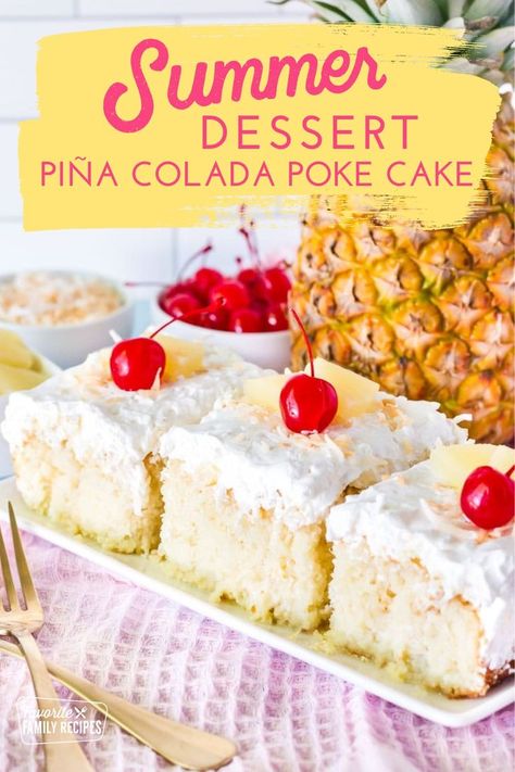 This Piña Colada Poke Cake is the perfect dessert on hot summer nights, or when you want to serve something cold and refreshing. This cake has all of the delicious flavors of the classic Piña Colada cocktail – pineapple and coconut. These tropical flavors are abundant in every bite of this luscious cake. Pina Colada Poke Cake Recipe, Pina Colada Poke Cake, Pina Colada Cake, Italian Cream Cakes, Italian Cream, Poke Cake Recipes, Poke Cakes, Summer Cakes, Easy No Bake Desserts