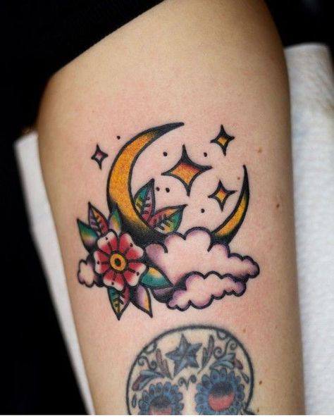 Traditional Back Of Arm Tattoo, Small Fill In Tattoos, Traditional Tattoos Ideas, Moon Tattoo Traditional, Moon Traditional Tattoo, Traditional Style Tattoo For Women, Fill In Tattoos, Traditional Nature Tattoo, Traditional Moon Tattoo