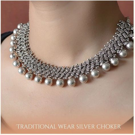 Silver with Sabi®️ on Instagram: “Traditional Wear Silver Choker📿📿 Intricately designed silver choker for occasional wearing purposes made in 92.5 silver. ▶️ Minimalist…” Choker Necklace Designs Silver, Necklace Designs Silver, Choker Necklace Designs, Bride Jewelry, Silver Choker, Traditional Wear, Mirror Work, Bride Jewellery, Design Silver