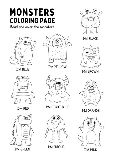 Black And White Monsters Coloring Page Worksheet - Templates by Canva Preschool Rules, Monster Activities, Kids Activities At Home, Preschool Workbooks, Halloween Worksheets, Monster Coloring Pages, English Activities For Kids, Kids Worksheets Preschool, Learning English For Kids