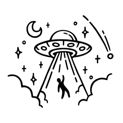 Alien Doodle Simple, Alien Abduction Drawing, Alien Spaceship Drawing, Alien Spaceship Art, Alien Black And White, Alien Outline, Alien Abduction Art, Alien Sketch, Alien Doodle