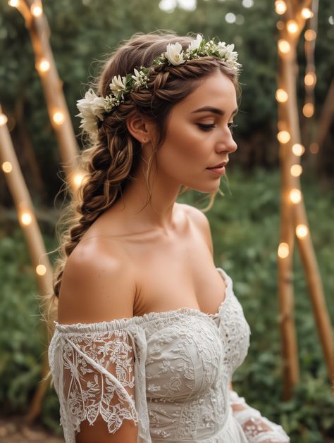 25 Trendy Wedding Hairstyles You Must Try in 2024 – Scan to Talk Rustic Bridal Hair, Flower Crown Braid, Flower Hair Wedding, Wedding Hair With Flowers, Boho Wedding Hair Flowers, Boho Wedding Hairstyles, Wedding Hair Flower Crown, Floral Bridal Hair, Light Fairy