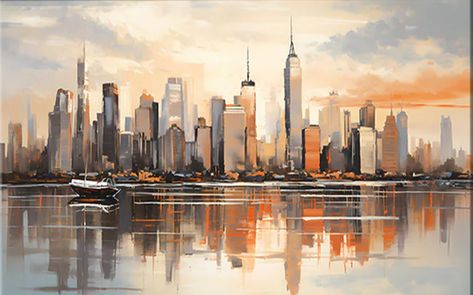 Dystopian Painting, New York Skyline Drawing, New York Skyline Painting, Skyline Drawing, New York Painting, New York Tattoo, Skyline Painting, Abstract City, Christmas Card Art