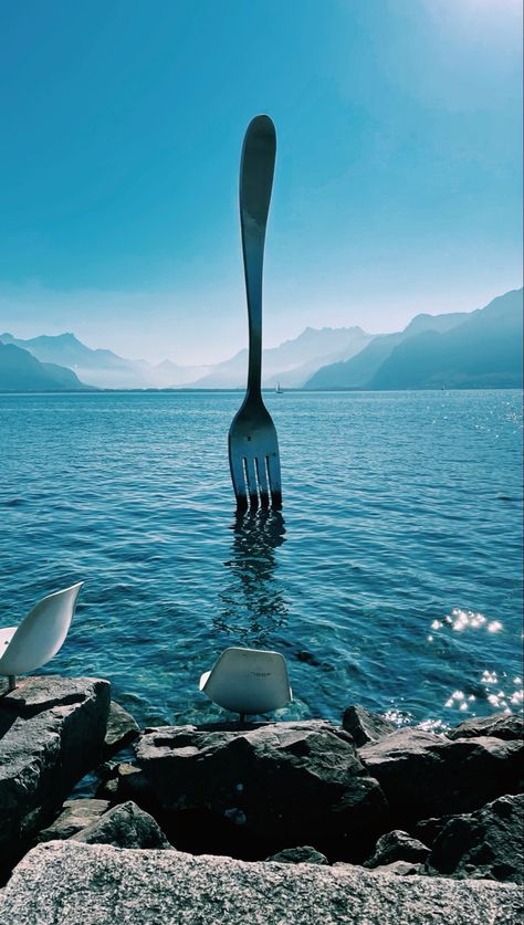 fork in the blue lake of Vevey Phone Craft, Vevey, Switzerland, Water, Travel, Art