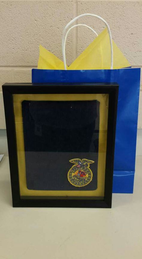 Senior Gifts  Bulletin board pieces covered with an old jacket and framed in a $5 shadow box. The perfect way to display FFA pins! Ffa Senior Gifts, Ffa Week, Ffa Banquet, Old Jacket, Pin Display, Senior Gifts, Ffa, Bulletin Board, Christmas List