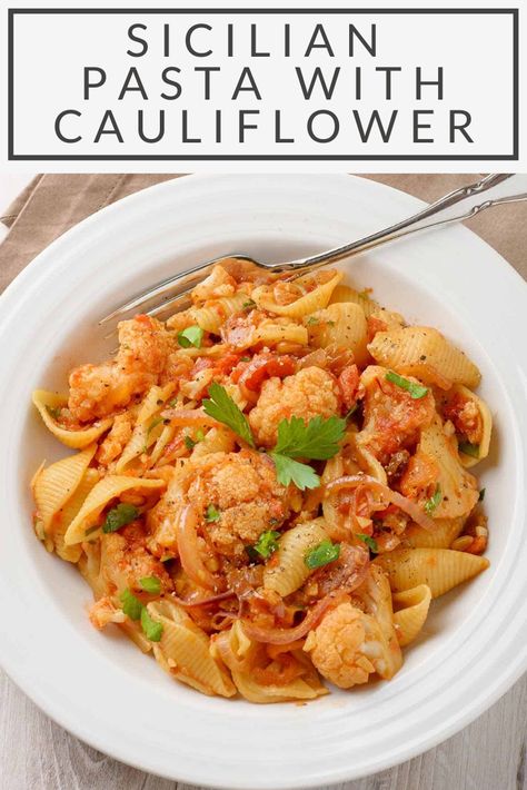 This meatless pasta dish pairs a uniquely Sicilian blend of ingredients with steamed cauliflower to make an easy and delicious one-dish dinner. Pasta With Cauliflower, Wednesday Dinner, Sicilian Pasta, Meatless Pasta, Cauliflower Pasta, Homemade Comfort Food, Recipe Using Chicken, Steamed Cauliflower, One Dish Dinners