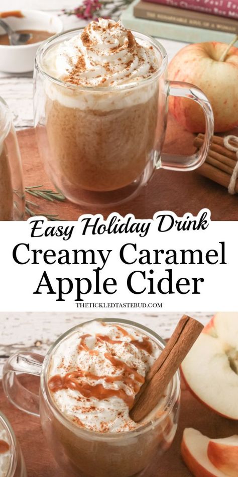 Apple Cider Drinks Nonalcoholic, Hot Caramel Apple Cider Recipe, Starbucks Caramel Apple Cider, Starbucks Apple Cider, Caramel Apple Cider Recipe, Easy Holiday Drinks, Apple Cider Bar, Waffle Cone Recipe, Caramel Apple Cider