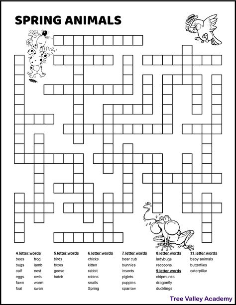 A printable spring and animal themed word fill in puzzle for kids.  The words are wildlife or baby animals commonly seen or associated with the spring months in North America. This fill in word puzzle has 36 words for kids to fit in the puzzle.  It's free to download and print and the pdf includes answers.  It's a fun printable game kids can play by themselves. There's an image of a dog, bird and a frog on the puzzle page that kids have the option to color. Spring Puzzles Free Printable, Spring Crossword Puzzle Free Printable, Word Fill In Puzzles Free Printable, Fill In Puzzles Free Printable, Easy Crossword Puzzles Printable, Spring Crossword, Crossword Puzzles Printable, Crossword Puzzles For Kids, Games To Print