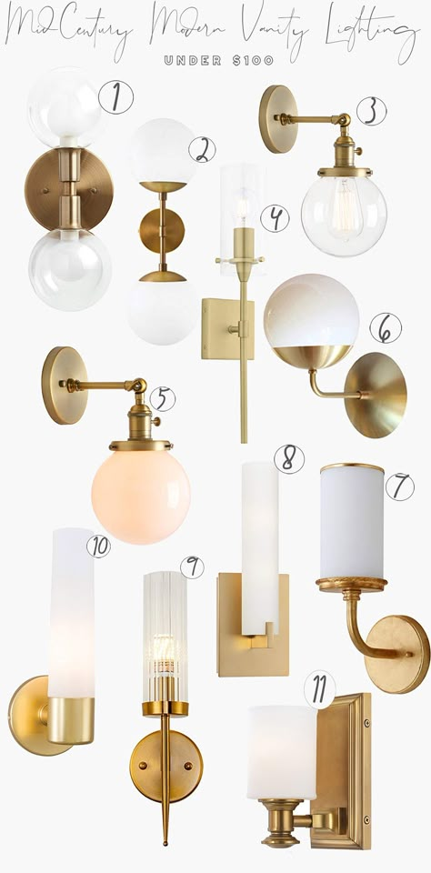 Mid Century Modern Vanity Lighting under $100 Mid Century Modern Vanity, Modern Bathroom Light Fixtures, Modern Bathroom Vanity Lighting, Modern Vanity Lighting, Mid Century Modern Bathroom, Mid Century Bathroom, Modern Bathroom Lighting, Bad Inspiration, Mid Century Modern Lighting