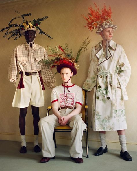 S.S.DALEY on Instagram: “AW21 “The Robe Room is becoming the Garden” Majok, Charlie and Kian. Garden T-Shirt on the S.S.DALEY site. Hand-carved into lino by…” S S Daley, Private School Uniforms, Graduation Style, Male Magazine, Flower Hats, Headdress, Diy Fashion, Harry Styles, Boy Outfits