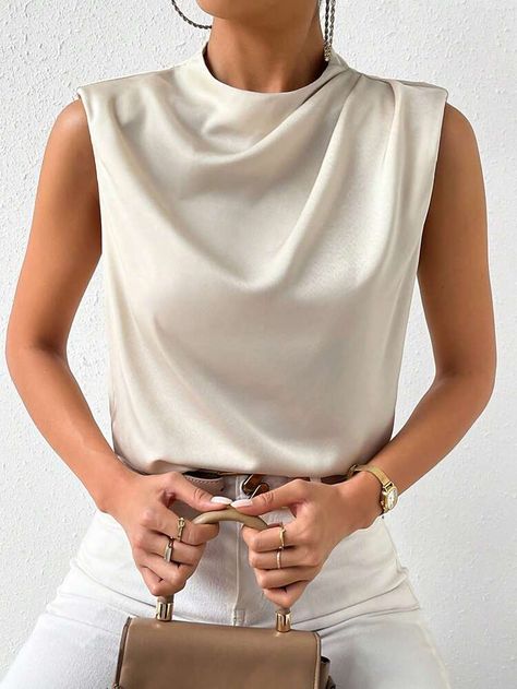 Free Returns ✓ Free Shipping✓. SHEIN Frenchy Solid Sleeveless Satin Blouse- Women Blouses at SHEIN. Satin Top Outfit Classy, Silk Top Outfit, Silk Blouse Outfit, Women Blouses Fashion, Beige Top, Elegant Blouses, Satin Blouse, Mode Inspo, Looks Chic