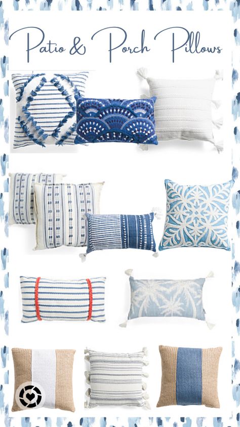 Blue Outdoor Cushions, Navy Patio Decor, Outdoor Pillows Ideas Color Schemes Blue, Outdoor Pillows Ideas Color Schemes Patio, Navy Blue Outdoor Patio Decor, Outdoor Couch Pillows, Front Porch Pillows, Porch Pillows Outdoor, Blue Patio Decor Outdoor Spaces