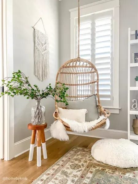 Room Ideas Hanging Chairs, Hanging Chairs In Living Room, Hanging Indoor Chair, Hanging Chair For Bedroom, Hang Chair In Bedroom, Reading Nook With Hanging Chair, Hanging Chair Decor, Hanging Egg Chair Indoor, Nursery Hanging Chair