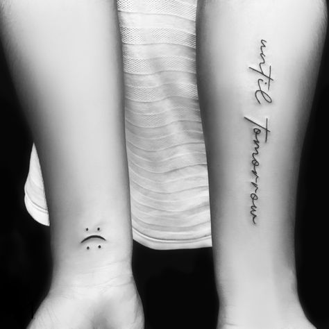 Schrodinger Smiley & ‘Until Tomorrow’ Tattoo Until Tomorrow Tattoo, Tomorrow Tattoo, Makeup Tattoos, Tattoo On, I Tattoo, Small Tattoos, Tattoos For Guys, Smiley, Tattoo Quotes